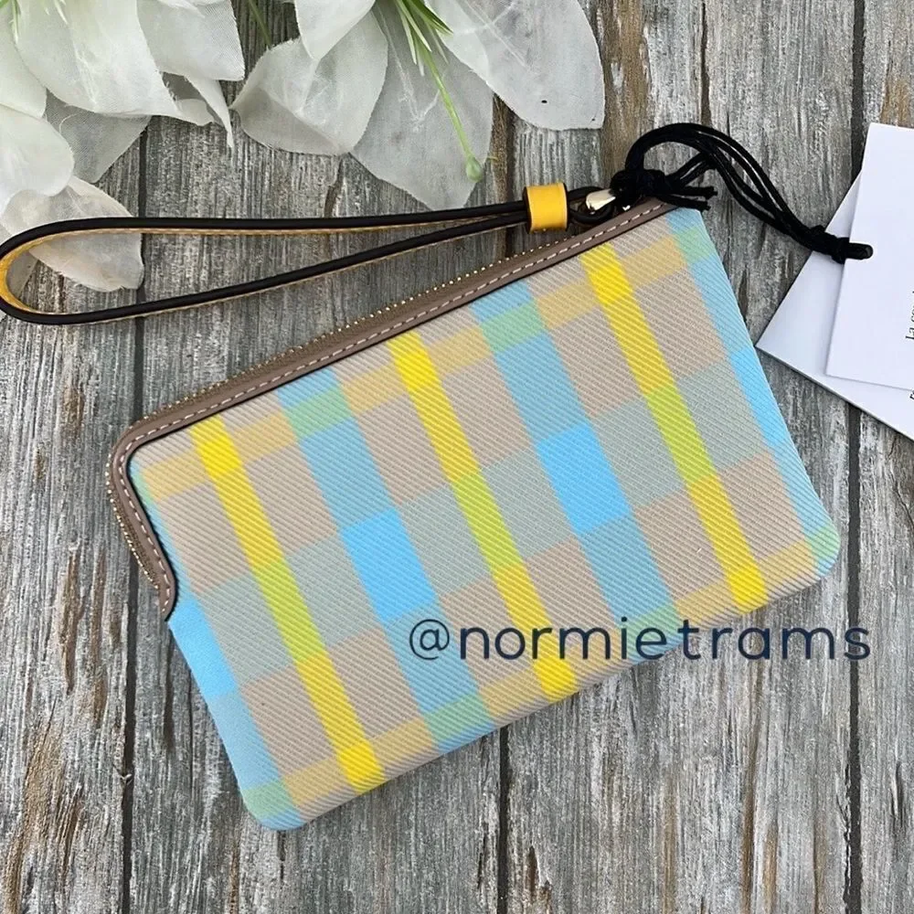 Coach Corner Zip Wristlet With Plaid Print Wallet Bag Purse